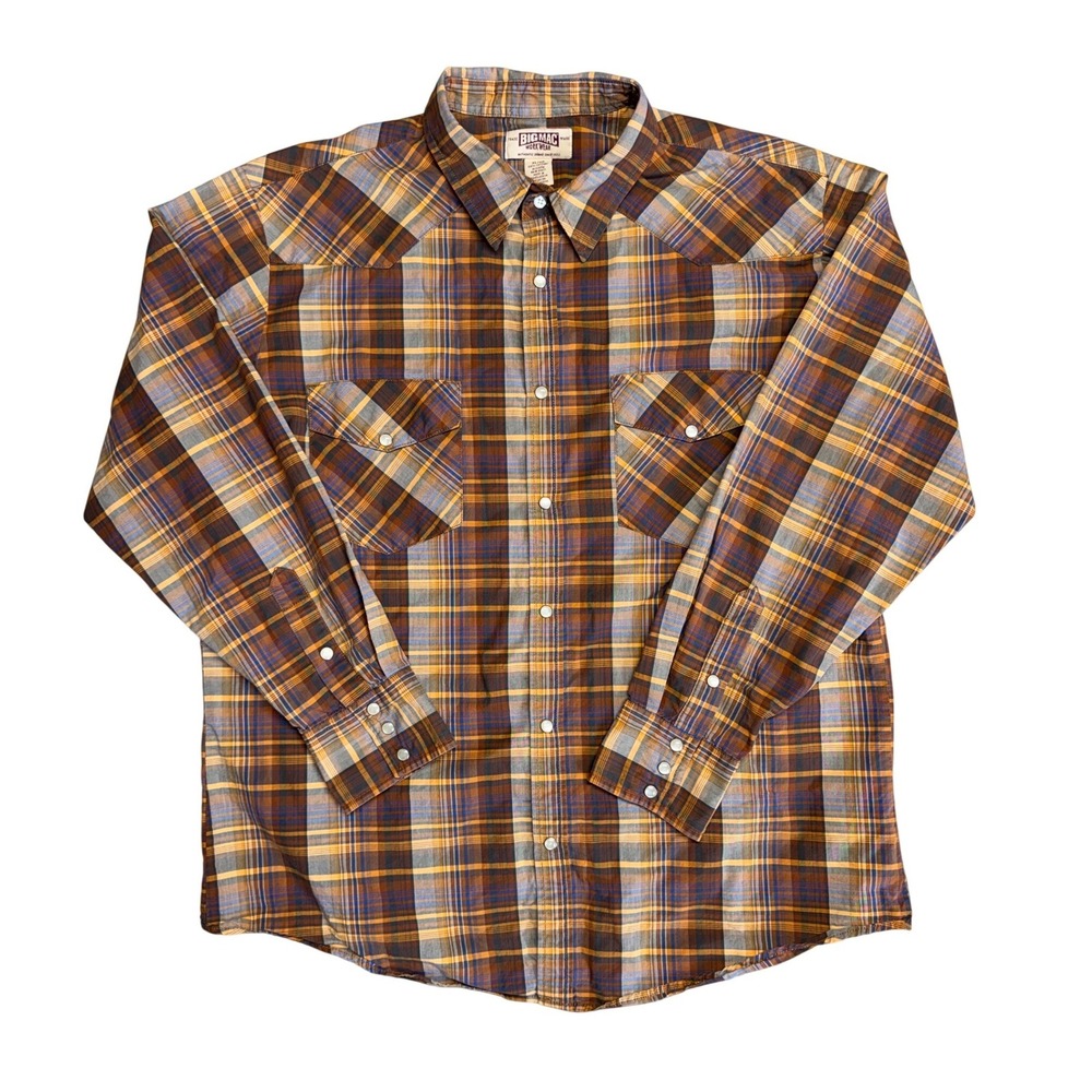 Big Mac Workwear Mens XL Brown Plaid Western Pearl Snap Long Sleeve Shirt